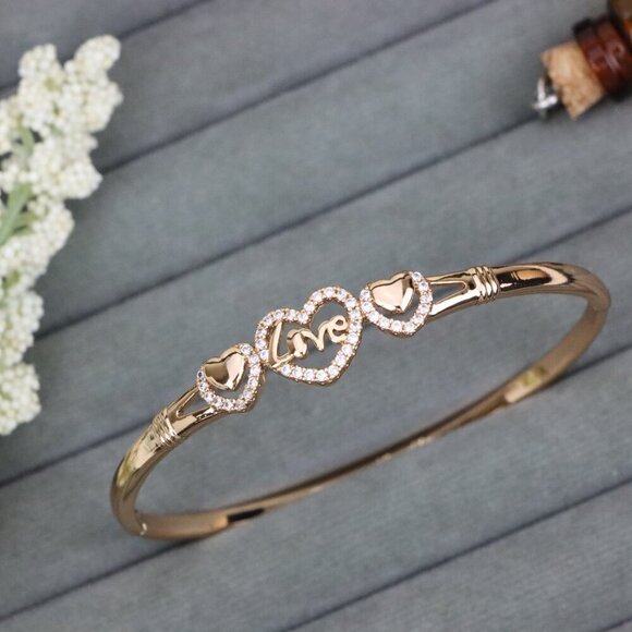 Love Heart Trio Rose Gold Bangle with CZ Accents, XPBL0584 - Picture 1 of 12